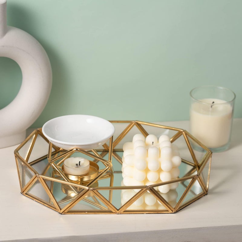 Feyarl Gold Glass Perfume Tray Mirror Vanity Jewelry Trinket Organizer Tray Ornate Cosmetic Makeup Display Geometric Shape Decorative Tray for Bathroom Home Decor Dresser Tabletop Countertop (11inch) - Image 3